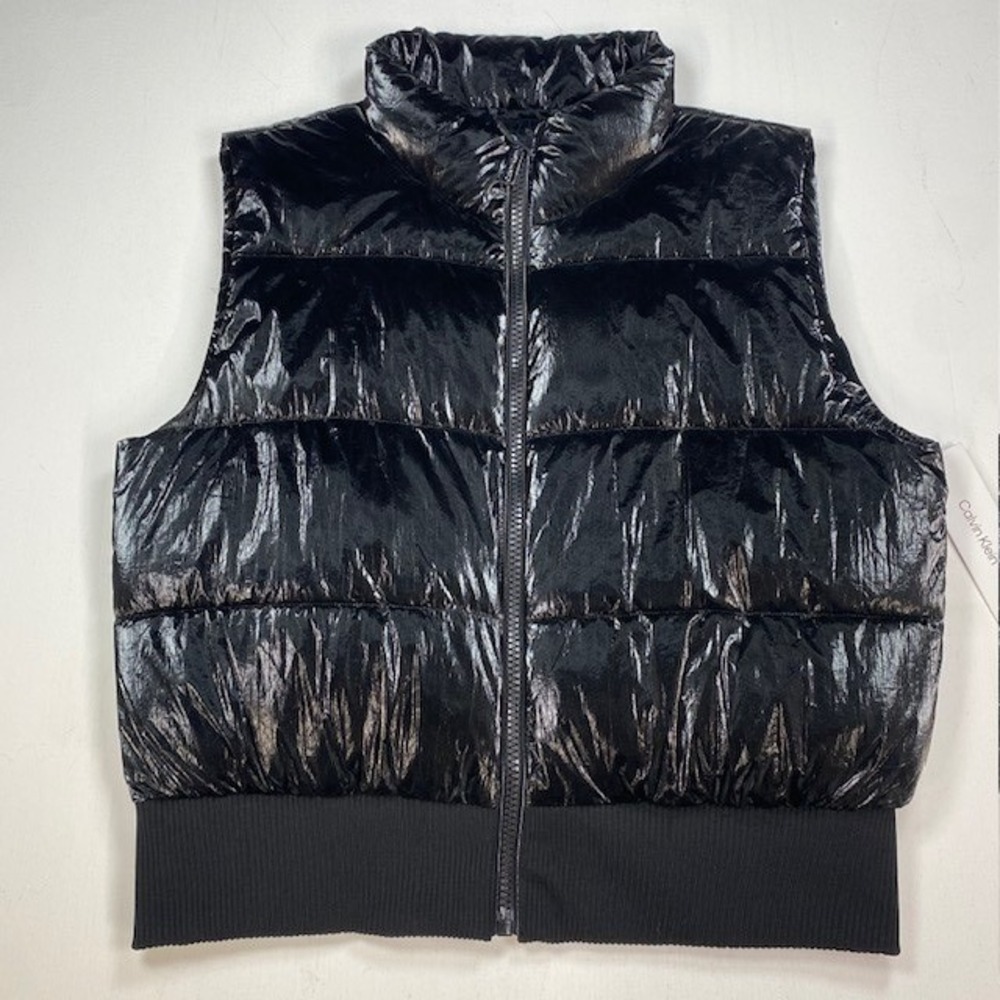 Calvin Klein Shiny Black Puffer Vest Zip Up Ribbed Hem M3XTW423 XL NEW